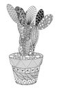 cactus in a pot, flower in zenart style, black and white drawing, doodle