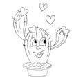 cactus in a pot with hearts is drawn in the style of black doodles, a line. Beautiful floral vector drawing. Houseplant