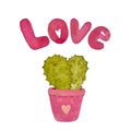 Cactus pot love title pink watercolor sketch