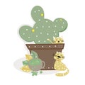 A cactus pot with two cute cats and a cup of spilled green tea