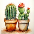 Cactus in a pot watercolor drawing style Generative AI