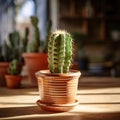 Cactus in a pot on a wooden table. Selective focus