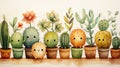 Cactus print in a style of watercolour on a white background with funny characters.