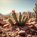Cactus with red flowers in the desert. Selective focus