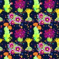 Cactus with red and yellow flowers, colorful stones, seamless pattern design in bright neon colors, dark blue background Royalty Free Stock Photo