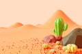 Cactus and rocks on the sweltering desert in the western country.