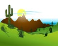 Cactus saguaro, Mountains and river. Vector