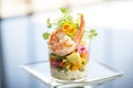 cactus salad with grilled shrimp on top for a seafood variant in a clear dish Royalty Free Stock Photo