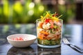 cactus salad with grilled shrimp on top for a seafood variant in a clear dish Royalty Free Stock Photo