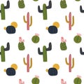 Cactus seamless pattern in cute cartoon style, yellow, green, pink and navy blue color. Royalty Free Stock Photo