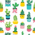 Cactus seamless pattern. Cute potted plants with smiling faces. Botanical characters with cheerful expressions