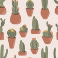 Cactus seamless pattern. Wildlife wallpaper background. Cacti fabric print texture. Succulent plant textile surface. Hand-drawn