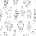 Cactus seamless pattern. Hand drawn cactus lineart. Home plants succulents black and white pattern.