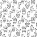 Cactus seamless pattern illustration. Vector succulent and cacti hand drawn set. In door plants in pots.