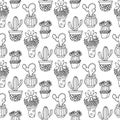 Cactus seamless pattern illustration. Vector succulent and cacti hand drawn set. In door plants in pots.