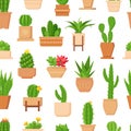 Cactus seamless pattern. Tropical plant, succulent and cute cacti with flower in pot. Trendy floral home plants decor