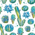 Cactus seamless pattern in watercolor style.