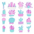 Cactus set. Cacti in doodle cartoon style. Vector illustration with succulents in pots. Cute prickly plants Royalty Free Stock Photo