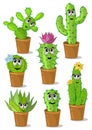 Cactus set images with cheerful muzzles and flowers