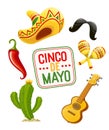 Cactus, sombrero, guitar, moustache, pepper, maracas. Set for Cinco de Mayo