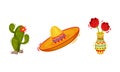 Cactus and Sombrero Hat as Mexican Symbols and Attribute Vector Set Royalty Free Stock Photo