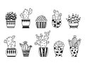 Cactus and succulent boho isolated clipart, Potted cacti vector graphic, House plants in flower pots black and white