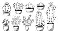 Cactus and succulent handdrawn flat black set