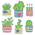 Cactus succulent plants in pot doodle vector set