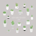 Cactus and succulent plants in pots. Illustration set of hand drawn cacti and succulents growing in cute little pots