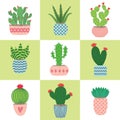 Cactus and succulent plants in pots. Illustration set of hand drawn cacti and succulents growing in cute little pots. Royalty Free Stock Photo