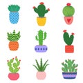 Cactus and succulent plants in pots. Illustration set of hand drawn cacti and succulents growing in cute little pots. Royalty Free Stock Photo