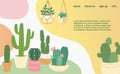 Cactus and succulents domestic collection landing web page, concept banner website template cartoon vector illustration