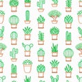 Cactus and succulents in pots seamless pattern with thin line icons. Modern vector illustration for shop of plants