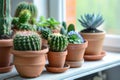 Cactus and succulents in pots on the windowsill. Generative AI