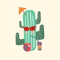 Cactus at summer time, t-shirt, poster or postcard graphics. Vector illustration of cactus with shade glasses, straw, cocktail