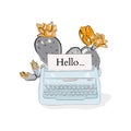 Cactus typewriter cute hand drawn print. Text typing concept with nature decoration- flowers and leaves cacti. Nursery