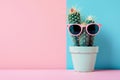 A cactus wearing sunglasses and pink glasses. The cactus is in a blue pot. The image has a fun and playful mood. Banner in a pink Royalty Free Stock Photo