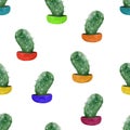 Cactus with white hearts in multicolored pots seamless watercolor pattern.