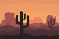 Cactuse and mountains silhouettes, desert landscape. Nature background in sunset with sand hills. Vector.