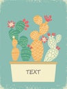 Cactuses card vintage background for text or invitations.. Vector cute cactuses with flowers in pot on old paper texture for