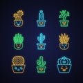 Cactuses cute kawaii neon light characters