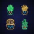 Cactuses cute kawaii neon light characters