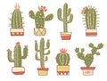 Cactuses floral. Hand drawn vintage cactuses in pots. Vector set color cacti, aloe and leaves Collection of exotic plants hand Royalty Free Stock Photo