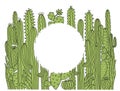 Cactuses frame background. Green Succulent vector hand drawn illustration for design isolated on white Royalty Free Stock Photo