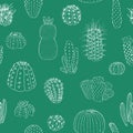 Cactuses seamless pattern, hand drawn vector illustration. outline sketch chalk style. Succulent collection.