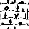 Cactuses seamless pattern. Vector silhouette of cactuses and succulents in outline graphic style color isolated on white