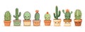 Cactuses set in the pots flat vector illustration Royalty Free Stock Photo