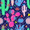 Cactuses succulents wild seamless pattern flowers colorful watercolor bright collections. Royalty Free Stock Photo