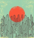 Cactuses Vintage Poster Background. Succulents And Red Sun Vector Hand Drawn Illustration On Old Paper Texture