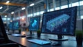 CAD design software displayed on computer monitors in industrial factory. Engineers technicians work on 3D models on multiple